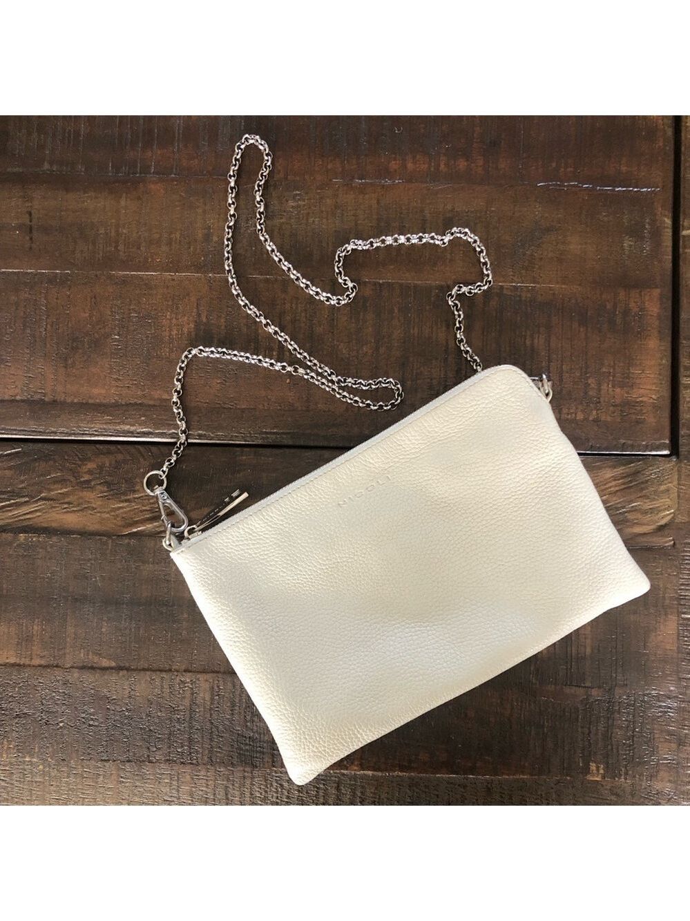 Nicoli Italian Crossbody Bag Winter White Pebbled Leather Silver Chain Strap